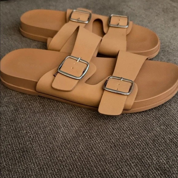 torrid Tan Double-Buckle Slide Sandals with Silver Hardware - Picture 2 of 4